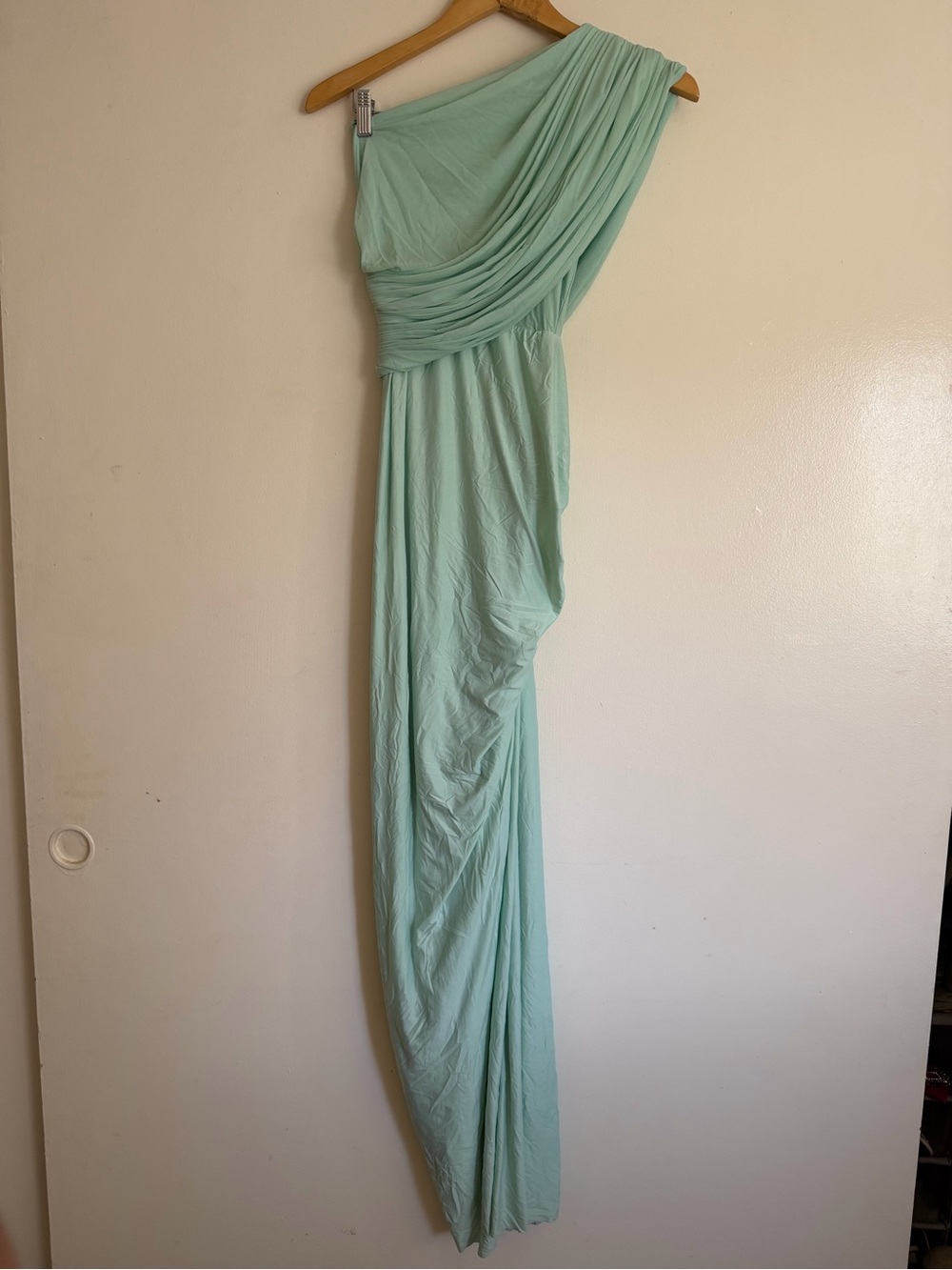 Elegant One-Shoulder Mint Dress with Draped Silhouette